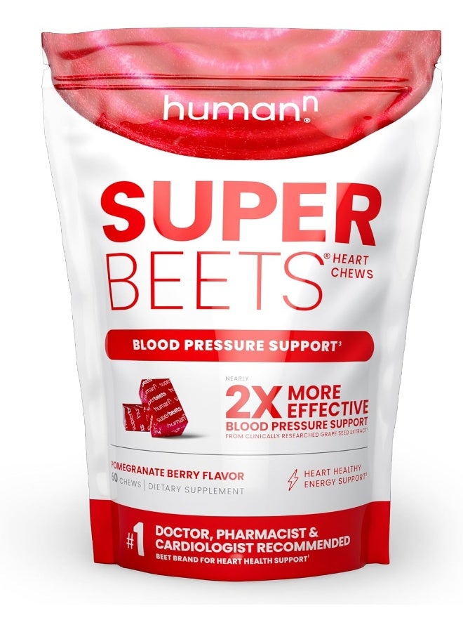 humanN SuperBeets Heart Chews - Nitric Oxide Production and Blood Pressure Support - Grape Seed Extract & Non-GMO Beet Energy Chews - Pomegranate Berry Flavor - 60 Count - Image 1